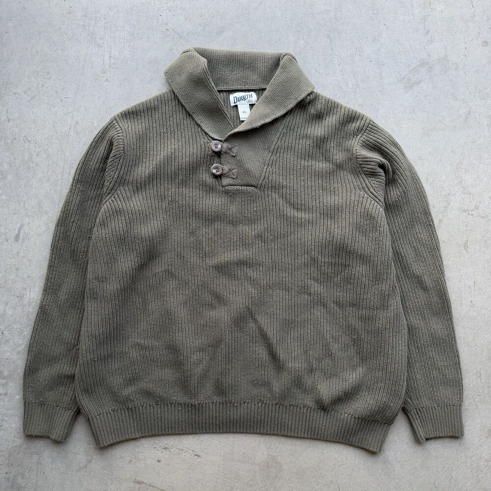 Duluth Trading Co Mens 3XL Olive Green Sweater Shawl Collar Ribbed Knit Cotton